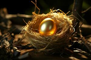 ai generato nature Tesoro un' scintillante d'oro uovo annidato in mezzo uccello nido ramoscelli foto
