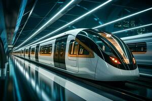 ai generato efficiente mezzi di trasporto elegante treno viene visualizzato moderno design nel metropolitana stazione foto