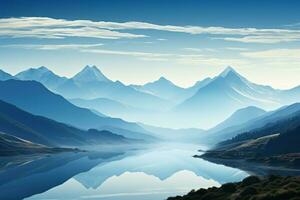 ai generato nature calma mattina montagne contro un' tela di chiaro blu foto