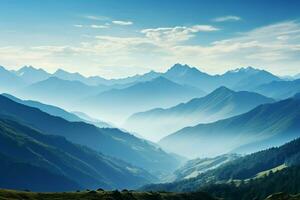 ai generato montagne nel il mattina leggero sotto un' fondale di chiaro blu foto