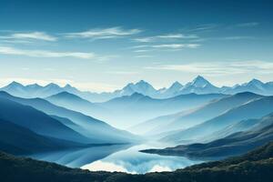 ai generato nature calma mattina montagne contro un' tela di chiaro blu foto