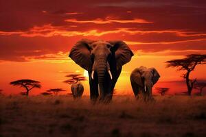 ai generato africano orizzonte elefanti pacificamente pascolare durante un' sbalorditivo savana tramonto foto
