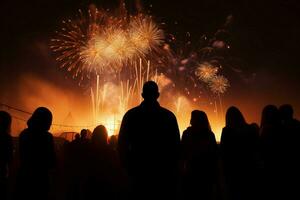 ai generato verso il cielo sguardo fuochi d'artificio illuminare il notte come persone orologio nel soggezione foto