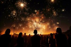ai generato verso il cielo sguardo fuochi d'artificio illuminare il notte come persone orologio nel soggezione foto