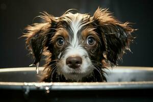 ai generato carino cucciolo bagno tempo bagnato pelliccia, schizzi, e assoluto adorabilità foto