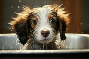 ai generato animale domestico coccole un' carino cucciolo con bagnato capelli indulge nel un' bagno foto