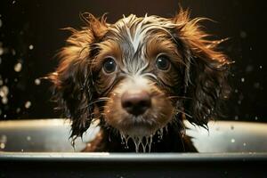 ai generato dolce cucciolo fa il bagno, bagnato pelliccia e felicità nel un' detergente momento foto