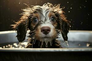 ai generato adorabile cucciolo gode un' rinfrescante bagno, con bagnato pelliccia e carineria foto