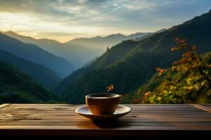 ai generato mozzafiato infuso caffè tazza su di legno tavolo, montagna scenario al di là foto