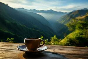 ai generato mozzafiato infuso caffè tazza su di legno tavolo, montagna scenario al di là foto