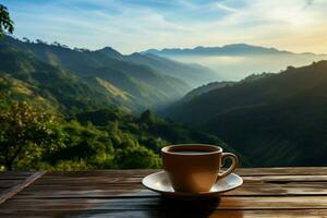 ai generato mozzafiato infuso caffè tazza su di legno tavolo, montagna scenario al di là foto