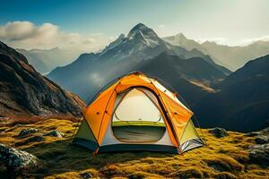 ai generato alto altitudine isolamento un' tenda sta solo in cima il montagna foto