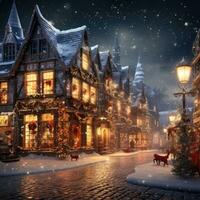 ai generato illustrazione di vecchio europeo città a notte con Natale decorazioni, Natale e nuovo anno vacanze concetto, ai generato foto