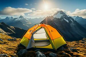ai generato alpino solitudine un' tenda solo su il montagne elevato vertice foto