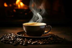 ai generato aromatico inizio mattina caffè tazza con fagioli e aroma Fumo foto