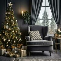 ai generato un' accogliente vivente camera con un' decorato Natale albero e un' confortevole poltrona foto