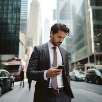 ai generato un' uomo nel un' completo da uomo a piedi giù un' occupato città strada, guardare a il suo Telefono con grattacieli nel sfondo foto