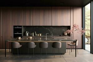 ai generato un' ordinatamente decorato moderno cucina con buio legna muri e nero controsoffitti, foto