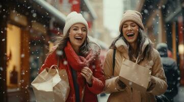 ai generato Due donne siamo nel il mezzo di il pioggia e neve Tenere shopping borse foto