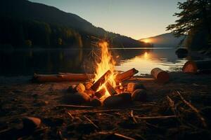 ai generato nature calore falò fuoco di bivacco di il lago nel un all'aperto paesaggio foto