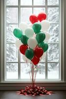 ai generato lassico rosso e verde Palloncino Schermo impostato contro un' nevoso sfondo. foto