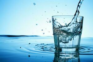 ai generato sete dissetante acqua fluente in un' bicchiere su blu sfondo foto