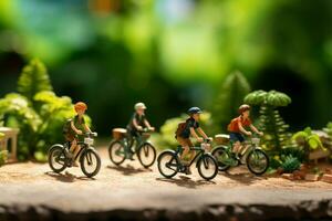 ai generato in viaggio ciclisti miniatura figure su Bici, verde bokeh fondale scena foto