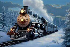 ai generato digitale inverno scena vapore locomotiva nel nevoso foresta, 3d illustrazione foto