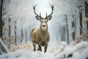 ai generato grazia nel inverno cervo sta contro un' neve coperto foresta fondale foto