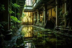 ai generato riflessione nel il acqua di un vecchio edificio nel hanoi, Vietnam, abbandonato Hotel nel il mezzo di un' perso città, ai generato foto