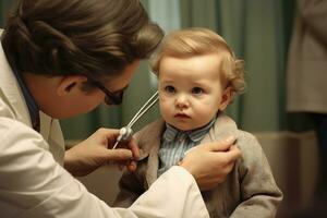 ai generato medico l'esame poco bambino ragazzo con stetoscopio. messa a fuoco su bambino, avvicinamento di un' bambino ragazzo avendo un' medico verifica, ai generato foto