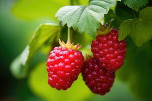 ai generato maturo lamponi su un' cespuglio nel il estate giardino, avvicinamento di un' incrocio lampone e mora pianta con maturo loganberry in crescita nel un biologico giardino, ai generato foto