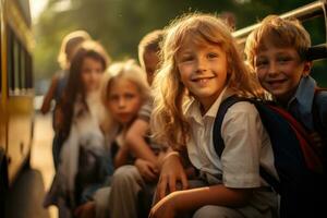 ai generato gruppo di bambini su il scuola autobus. indietro per scuola concetto, bambini o scolari su un' sfocato sfondo di il autobus, ai generato foto