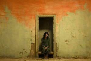 ai generato giovane donna seduta nel davanti di un' porta nel un' abbandonato Casa, cattura il profondo desolazione di un' donna seduta nel un' angolo di un disadorno camera, ai generato foto