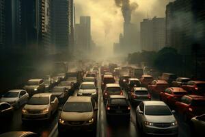 ai generato traffico marmellata su il strada nel shanghai Cina, auto traffico nel il città, aria inquinamento, ai generato foto