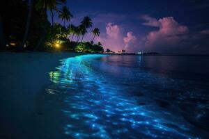 ai generato bellissimo notte Visualizza di un' tropicale spiaggia nel il Maldive, bioluminescenza, notte spiaggia scena nel il Maldive con bioluminescente plancton illuminante il linea di galleggiamento, ai generato foto