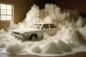 ai generato 3d interpretazione di un' bianca auto con Fumo nel il aria, auto nel schiuma su il lavello, ai generato foto