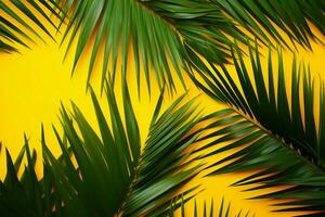 ai generato estate vibrazioni tropicale palma le foglie su un' luminosa giallo sfondo foto