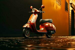 ai generato Vintage ▾ mobilità rosso scooter velocità attraverso città strade, consegna efficiente foto