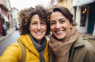 ai generato Due donne assunzione un' autoscatto nel il strada foto