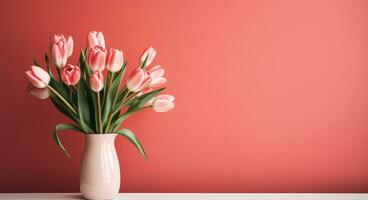 ai generato tulipani nel un' vaso contro un' rosa parete, sfondo foto