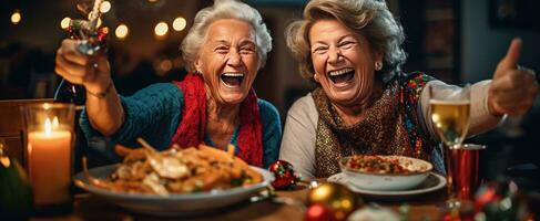 ai generato Due vecchio donne festeggiare Natale con un' htm Natale pasto foto