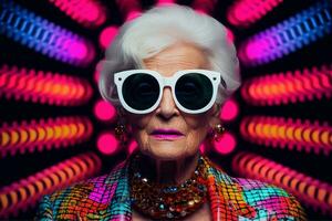 ai generato nonna discoteca occhiali da sole neon illustrazione foto