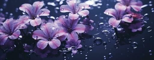 ai generato pioggia gocce galleggiante nel acqua vicino viola fiori foto