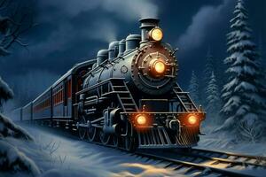 ai generato inverno ferrovia 3d digitale pittura cattura vapore locomotiva nel nevoso boschi foto