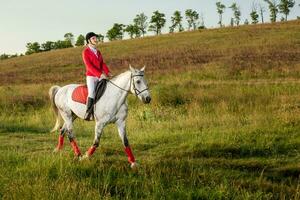 il amazzone su un' rosso cavallo. cavallo cavalcare. cavallo da corsa. ciclista su un' cavallo. foto