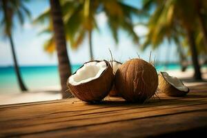 ai generato isola vibrazioni di legno tavolo con Noce di cocco su un' spiaggia sfondo foto