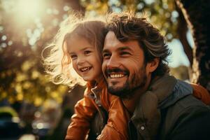 ai generato padre e figlia Sorridi e giocare nel un' parco insieme foto