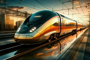 ai generato attività commerciale viaggio alto velocità treno in movimento su il ferrovia avventura foto