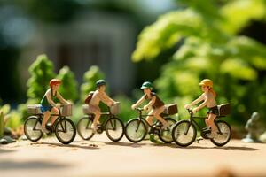ai generato pedalare gioia miniatura persone su biciclette con un' verde bokeh fondale foto